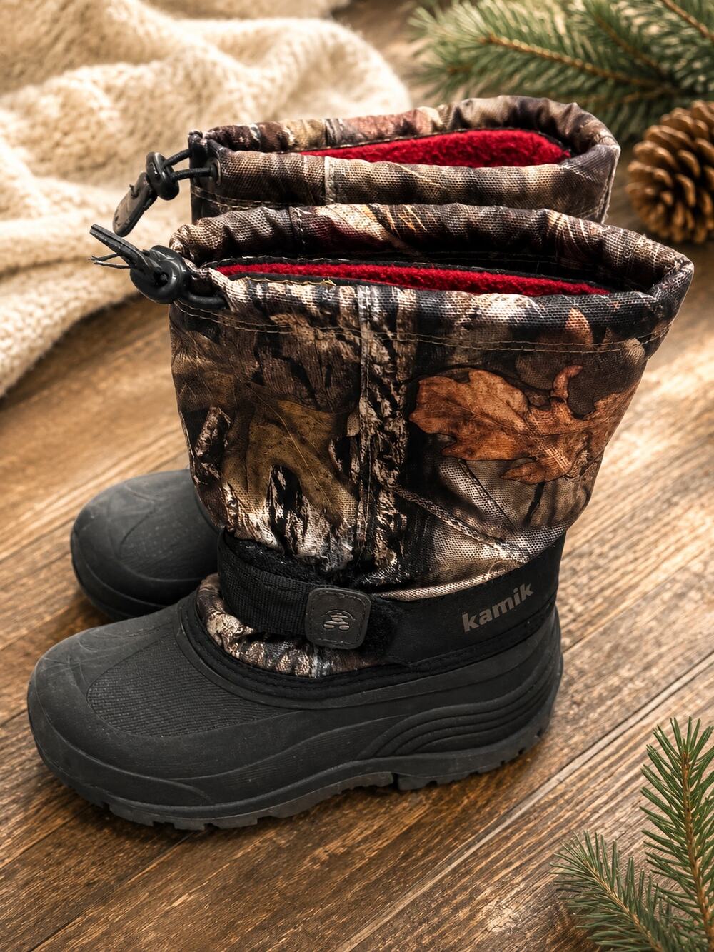 Kamik Kids Camo Winter Snow Boots Size 3 Black Rubber WATERPROOF Hunting Boots